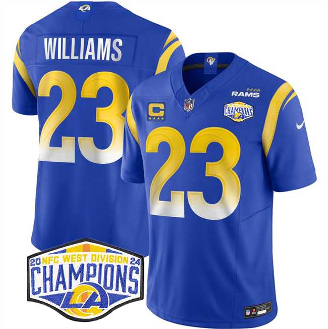 Men%27s Los Angeles Rams #23 Kyren Williams Blue 2024 NFC West Champions With 4-Star C Patch F.U.S.E. Vapor Untouchable Stitched Jersey